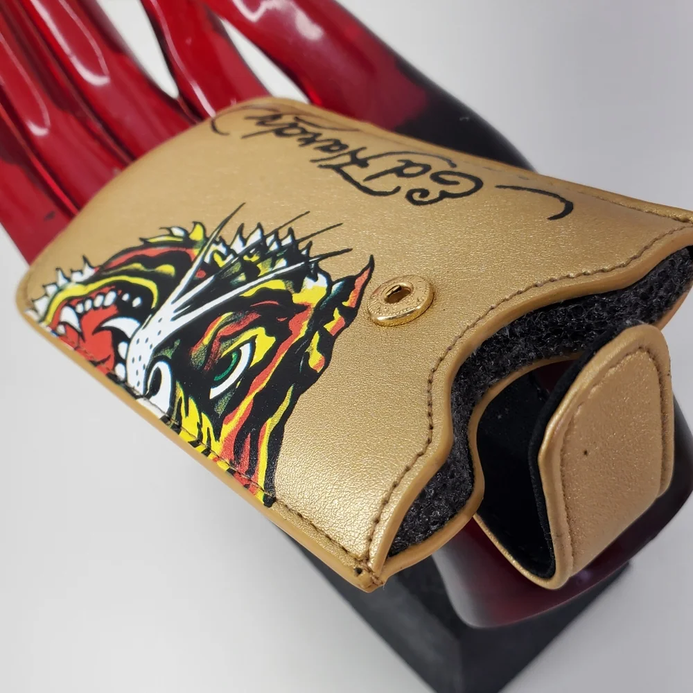 ED HARDY GOLD UNIVERSAL CELL PHONE CASE WITH LEATHER PULL & SNAP CLOSURE. $48.00